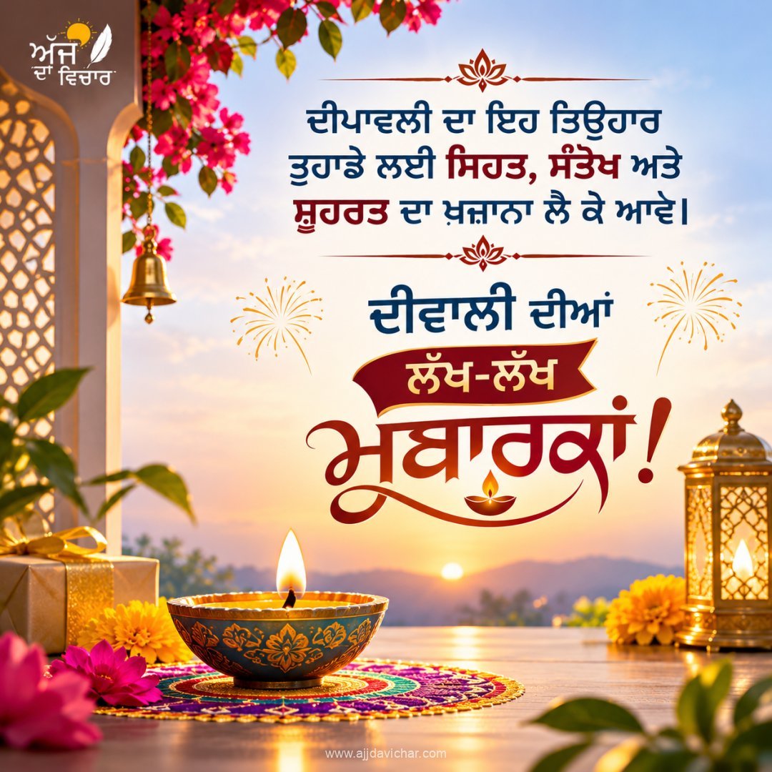 Deepawali da eh tyohaar tuhade layi sehat, santokh ate shohrat da khazaana lai ke aave. Diwali diyan lakh-lakh mubaarkan!