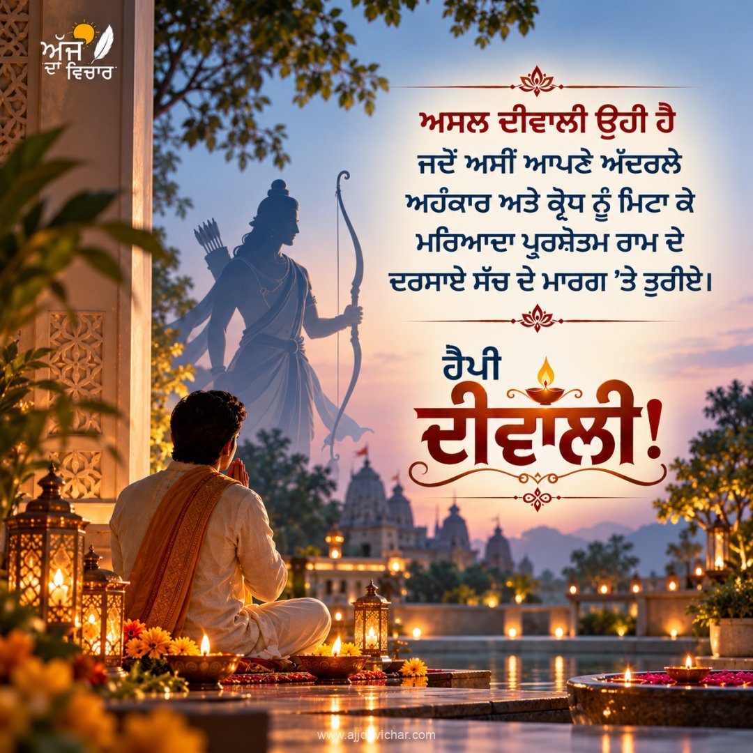 Asal Diwali ohi hai jadon asin apne andarle ahankaar ate krodh nu mita ke Maryada Purushottam Ram de darsaaye sach de maarag 'te turiye. Happy Diwali!