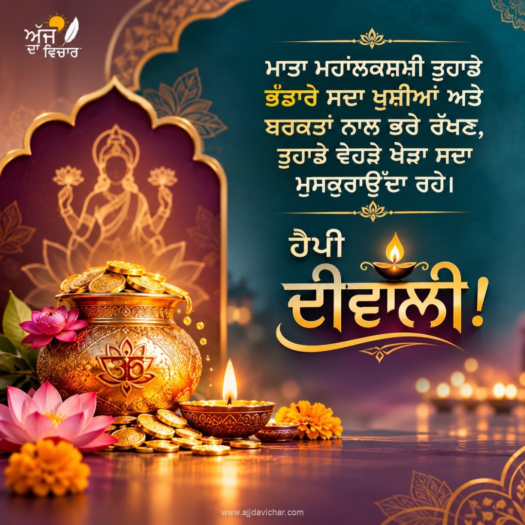 Mata Lakshmi ji tuhade vehre ajahi barkat paun ki dhan-daulat de naal-naal parivaar vich aapsi prem, changi sehat ate aatmik shaanti sada bani rahe. Shubh Deepawali!