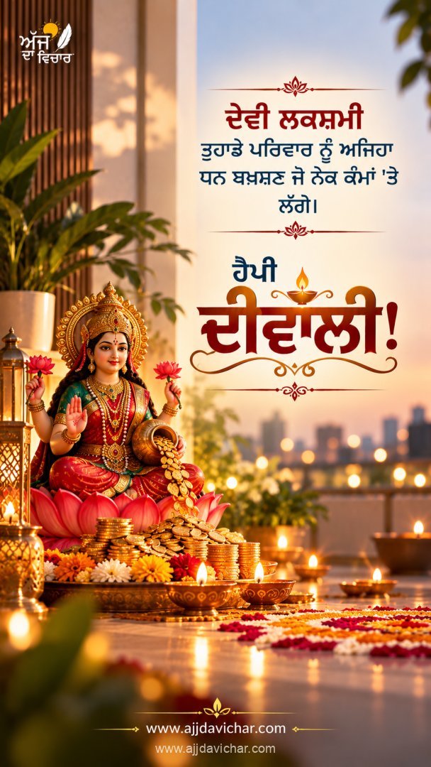 Devi Lakshmi tuhade parivaar nu ajaha dhan bakshan jo nek kamman 'te lagge. Happy Diwali!
