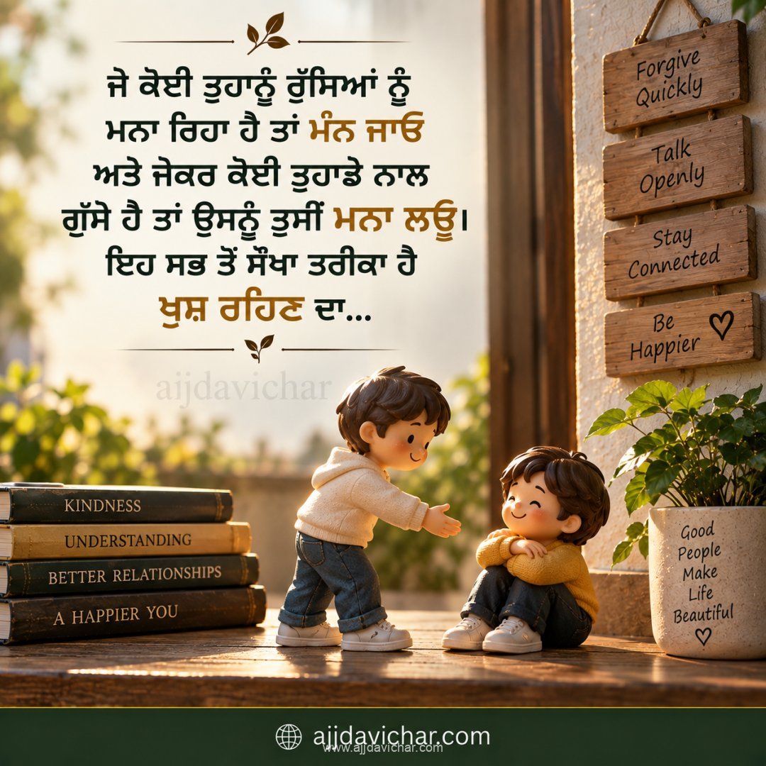 ਜੇ ਕੋਈ ਤੁਹਾਨੂੰ ਰੁੱਸਿਆਂ ਨੂੰ ਮਨਾ ਰਿਹਾ ਹੈ ਤਾਂ ਮੰਨ ਜਾਓ ਅਤੇ ਜੇਕਰ ਕੋਈ ਤੁਹਾਡੇ ਨਾਲ ਗੁੱਸੇ ਹੈ ਤਾਂ ਉਸਨੂੰ ਤੁਸੀਂ ਮਨਾ ਲਉ। ਇਹ ਸਭ ਤੋਂ ਸੌਖਾ ਤਰੀਕਾ ਹੈ ਖੁਸ਼ ਰਹਿਣ ਦਾ...