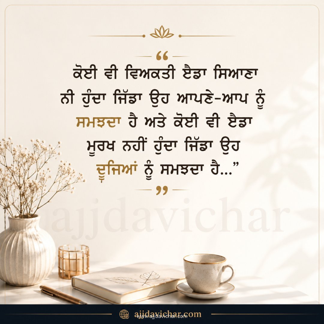 ਕੋਈ ਵੀ ਵਿਅਕਤੀ ਏਡਾ ਸਿਆਣਾ ਨੀ ਹੁੰਦਾ ਜਿੱਡਾ ਉਹ ਆਪਣੇ-ਆਪ ਨੂੰ ਸਮਝਦਾ ਹੈ ਅਤੇ ਕੋਈ ਵੀ ਏਡਾ ਮੂਰਖ ਨਹੀਂ ਹੁੰਦਾ ਜਿੱਡਾ ਉਹ ਦੂਜਿਆਂ ਨੂੰ ਸਮਝਦਾ ਹੈ...