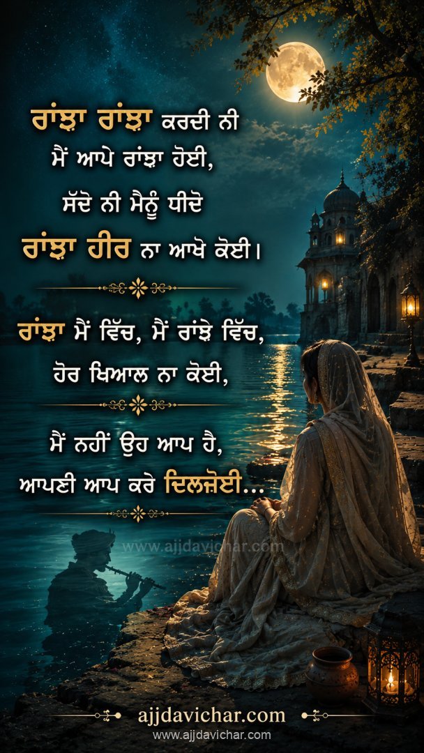ਰਾਂਝਾ ਰਾਂਝਾ ਕਰਦੀ ਨੀ ਮੈਂ ਆਪੇ ਰਾਂਝਾ ਹੋਈ, ਸੱਦੋ ਨੀ ਮੈਨੂੰ ਧੀਦੋ ਰਾਂਝਾ ਹੀਰ ਨਾ ਆਖੋ ਕੋਈ।  ਰਾਂਝਾ ਮੈਂ ਵਿੱਚ, ਮੈਂ ਰਾਂਝੇ ਵਿੱਚ, ਹੋਰ ਖਿਆਲ ਨਾ ਕੋਈ,  ਮੈਂ ਨਹੀਂ ਉਹ ਆਪ ਹੈ, ਆਪਣੀ ਆਪ ਕਰੇ ਦਿਲਜੋਈ...