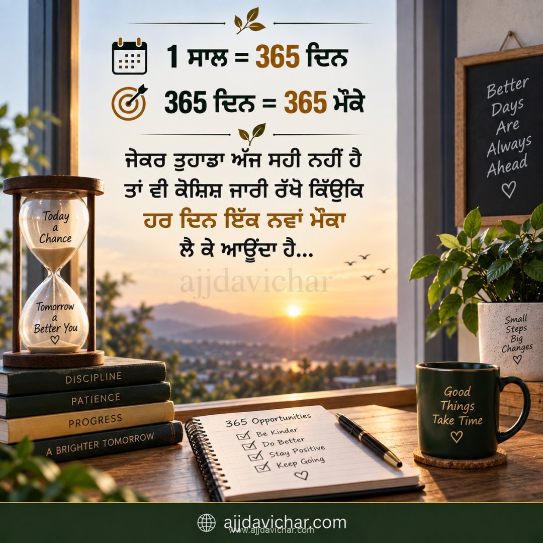 "1 ਸਾਲ = 365 ਦਿਨ 365 ਦਿਨ = 365 ਮੌਕੇ ਜੇਕਰ ਤੁਹਾਡਾ ਅੱਜ ਸਹੀ ਨਹੀਂ ਹੈ ਤਾਂ ਵੀ ਕੋਸ਼ਿਸ਼ ਜਾਰੀ ਰੱਖੋ ਕਿਂਉਕਿ ਹਰ ਦਿਨ ਇੱਕ ਨਵਾਂ ਮੌਕਾ ਲੈ ਕੇ ਆਉਂਦਾ ਹੈ…"